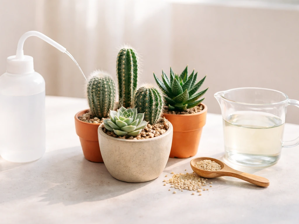 Thrive cactus and succulents with a small watering can and diluted fertilizer by a clean potting surface.