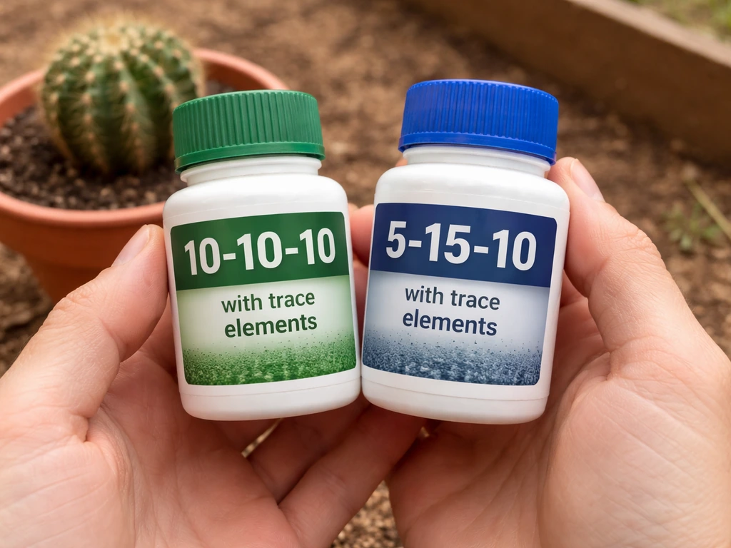 Hands holding fertilizer bottles showing low-NPK numbers and trace nutrients wording near a cactus pot