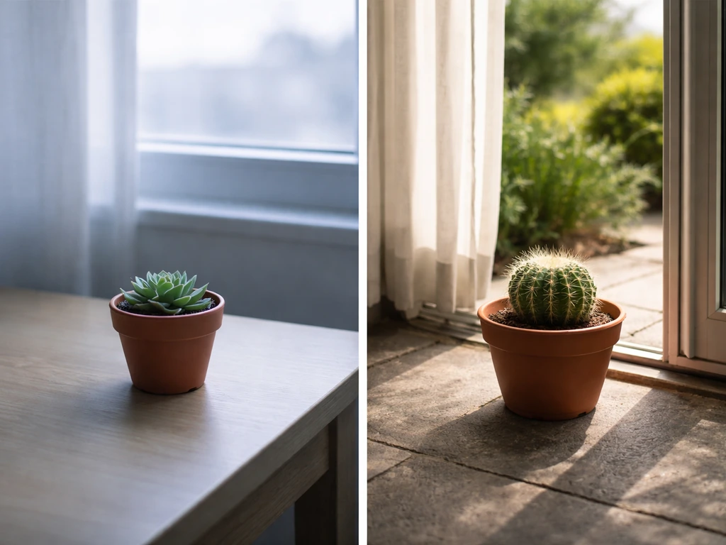 Two small succulents in terracotta pots shown under contrasting window light for indoor winter vs outdoor conditions.