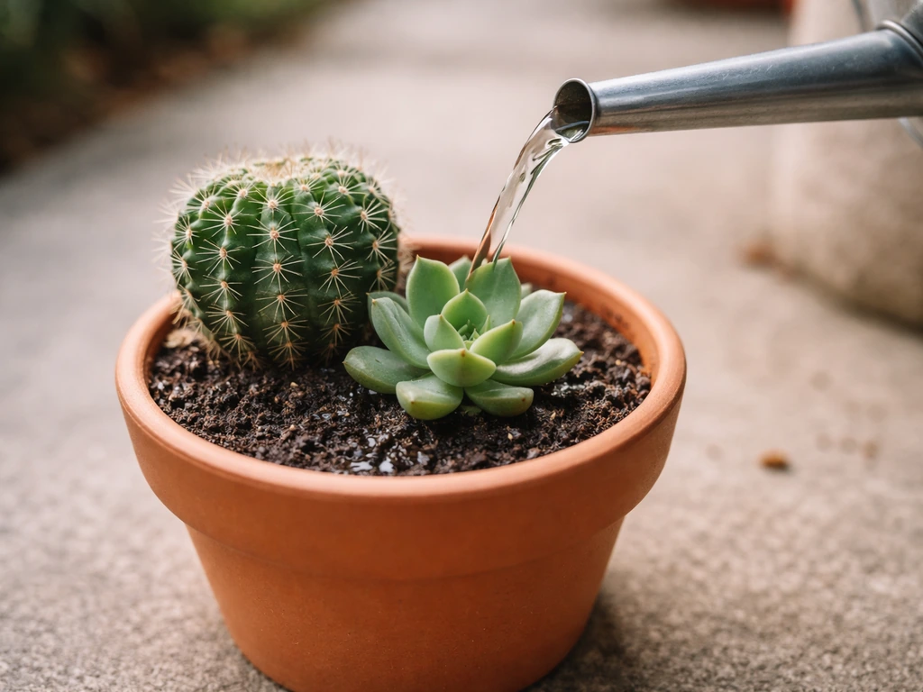 Watering a potted cactus with a watering can to wet the soil before fertilizing.
