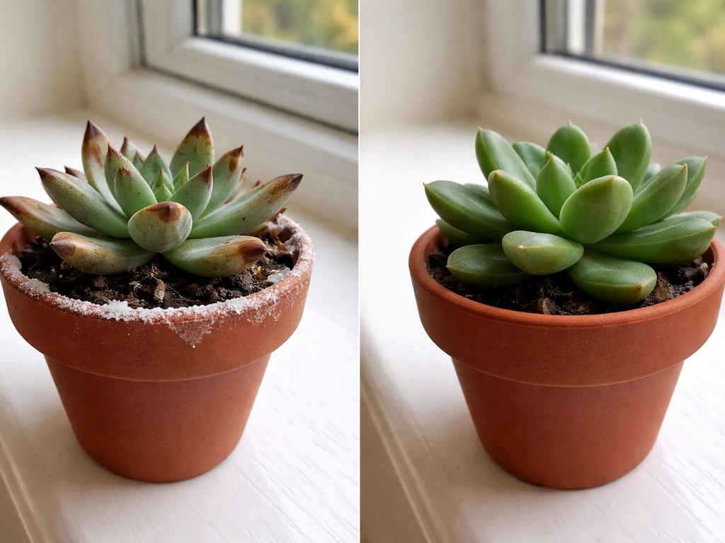 Side-by-side succulents: one has salt crust on soil and browned crispy leaf tips; the other looks healthy.