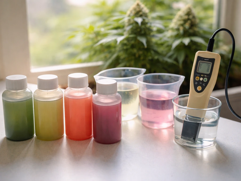 Close-up of nutrient bottles, measuring cups, an EC/pH meter, and a flowering plant in the background