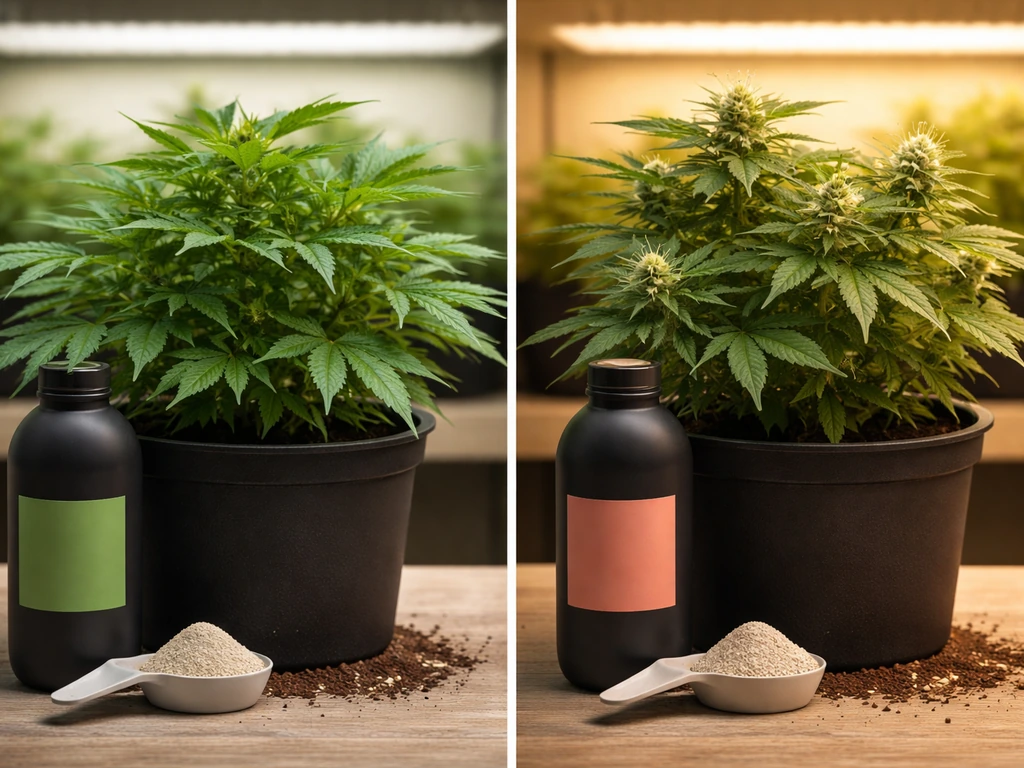 Minimal side-by-side photo: nitrogen-focused grow setup vs bloom-focused flowering setup with anonymous plants and nutri