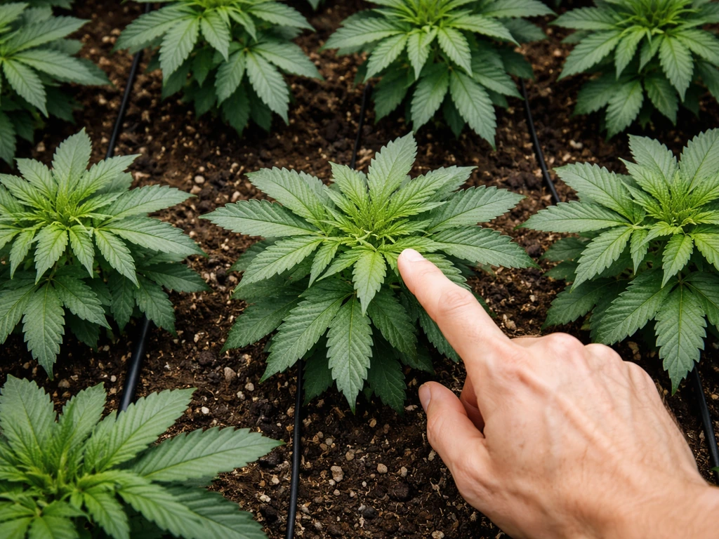 Top-down view of healthy green plant canopy in veg with a hand pointing at growth tips before flipping.