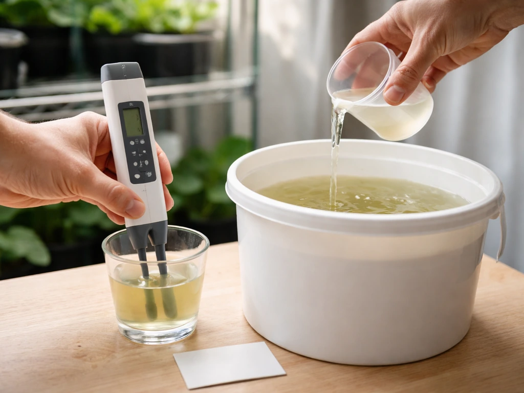 Hand testing EC/pH and mixing reduced-strength nutrient solution in a bucket near a blank timer card.