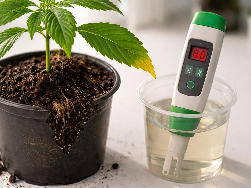 Close-up of a plant leaf with early lockout symptoms beside a handheld EC/pH meter showing out-of-range.
