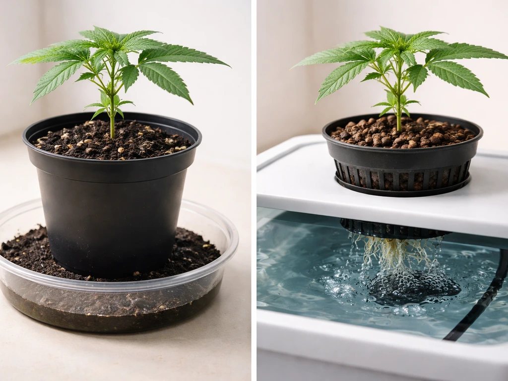 Side-by-side soil pot in a catch tray versus hydroponics reservoir with an air stone bubbling.
