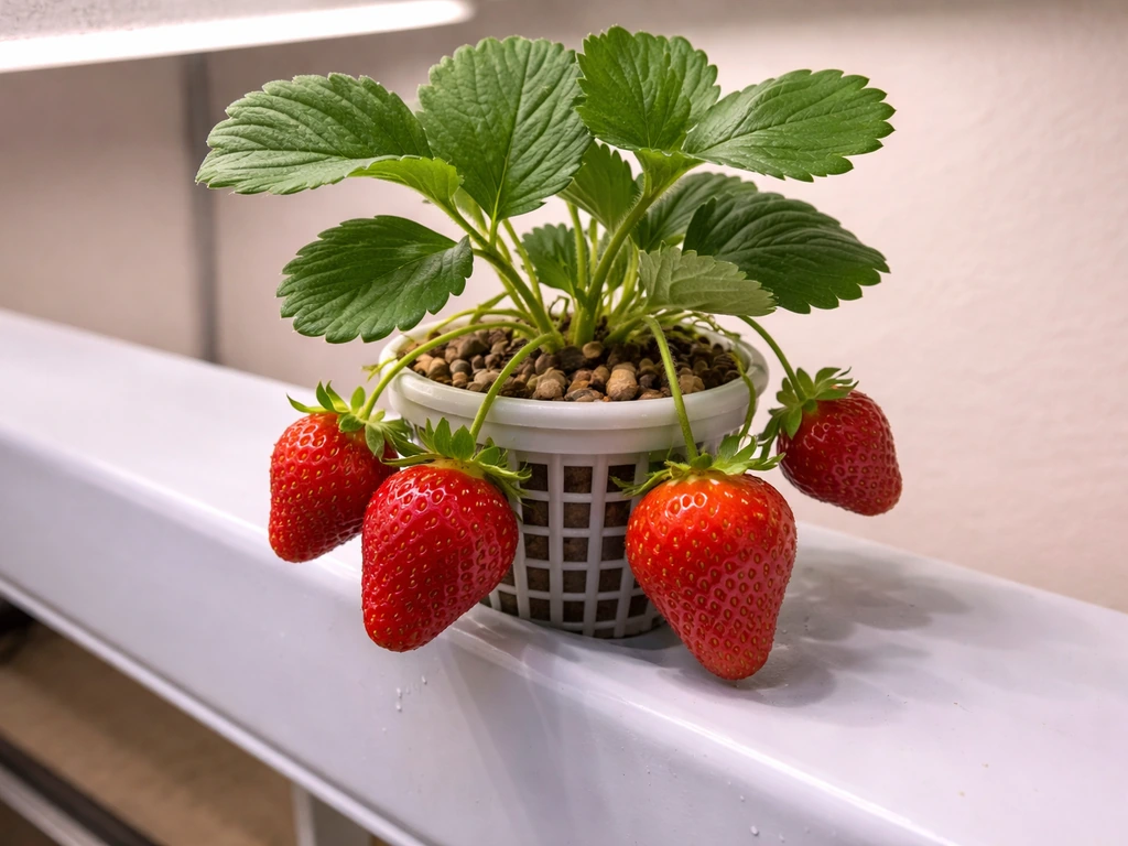Ripe red hydroponic strawberries in a white net pot under grow lights in a small home setup.