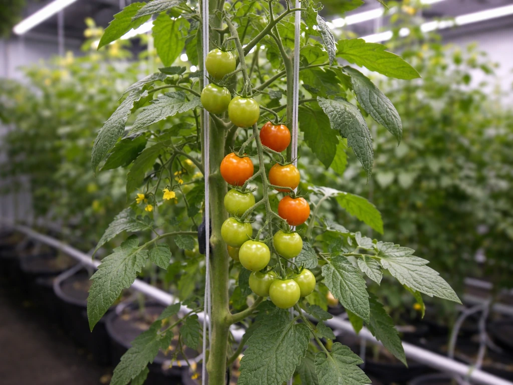 Cherry tomato plant on a hydroponic trellis with clusters of ripening fruit under LED grow lights.