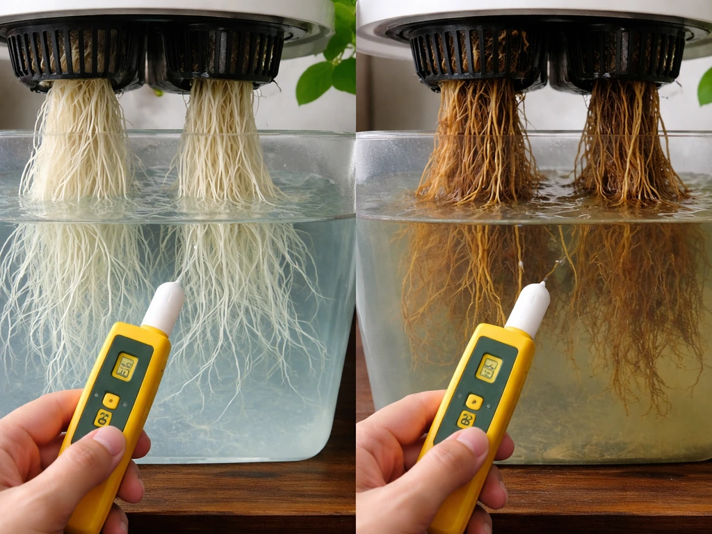 Side-by-side healthy vs root-rot hydroponic roots with a pH/EC meter probe in use