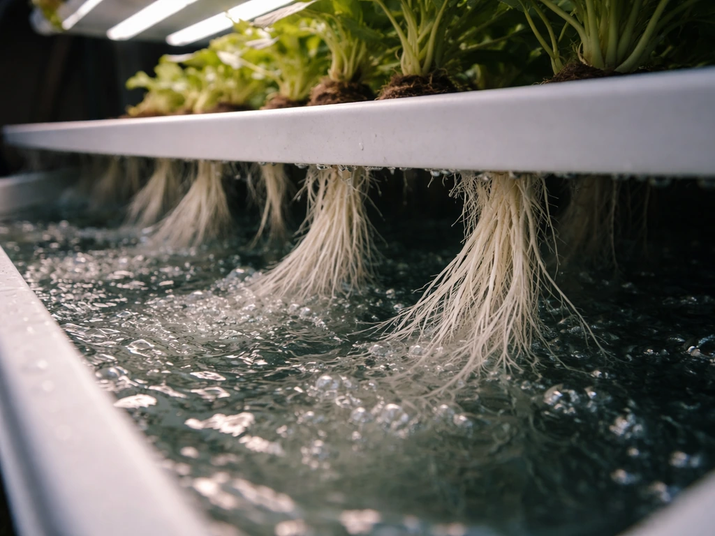 Close-up of hydroponic roots in a grow tray with nutrient water flowing under LED light.
