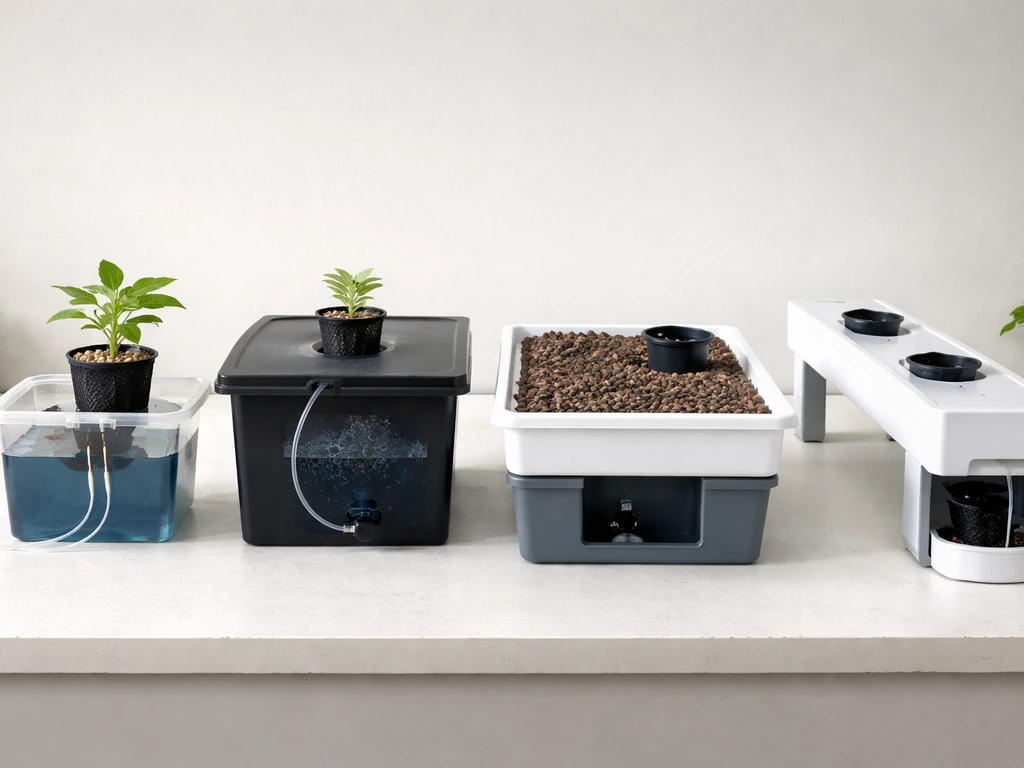Four simple hydroponic setups in a neat side-by-side row with visible reservoirs, tubing, and grow sites.