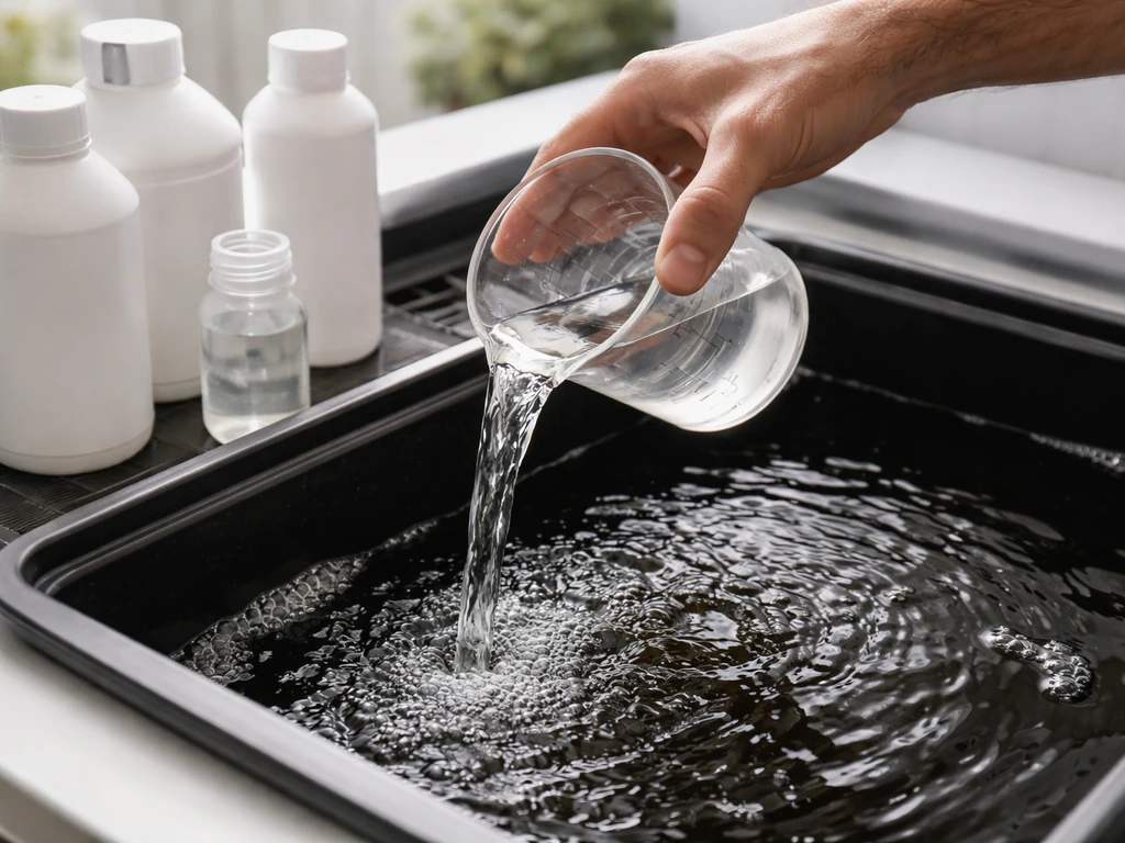 Hands mixing hydroponic nutrients in a reservoir with nutrient bottles beside it