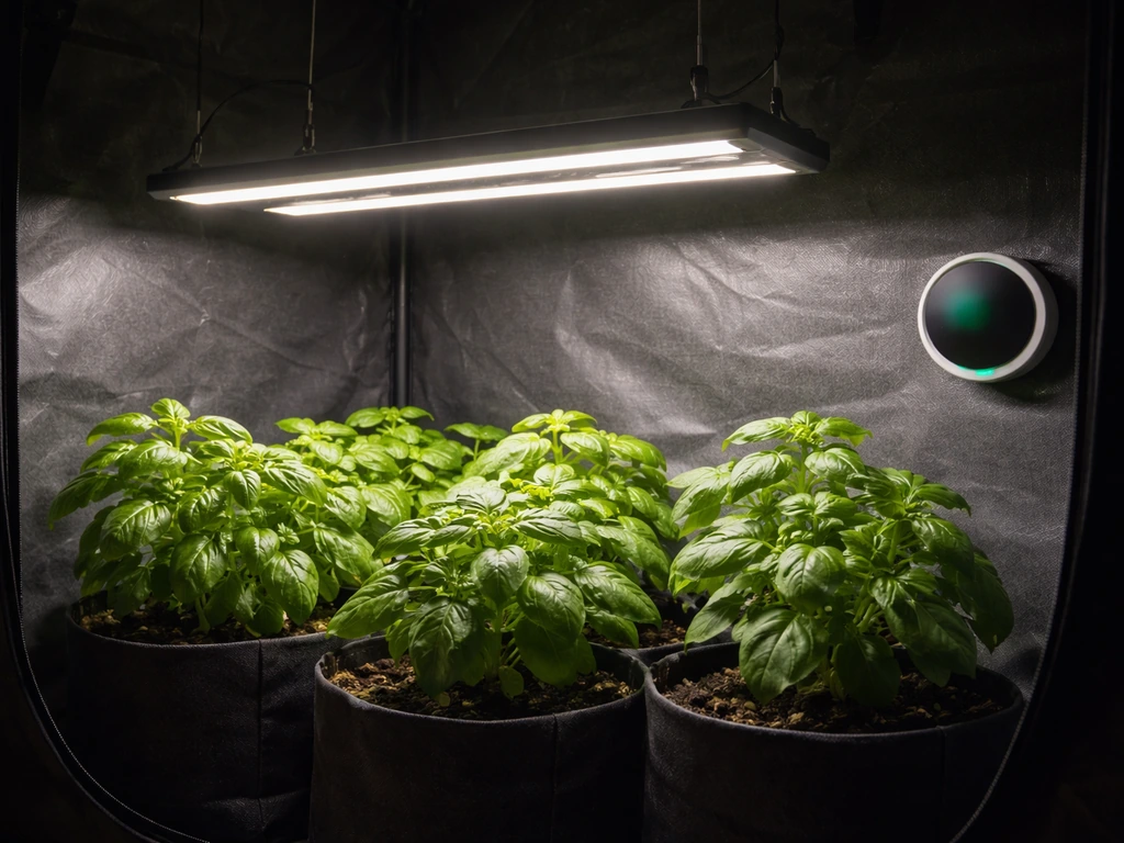 LED grow light shining over leafy greens inside a clean grow tent with a small thermometer/hygrometer nearby.