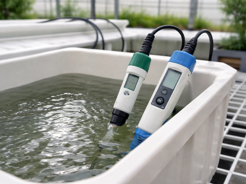Handheld pH probe and EC meter beside a hydroponic nutrient reservoir with calm water surface