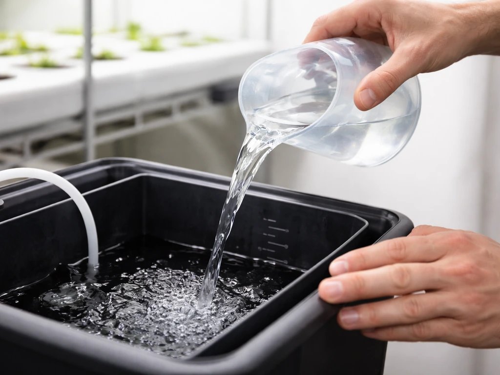 Hands pouring pH-adjusted water into a hydroponics reservoir with visible graduated level markings.