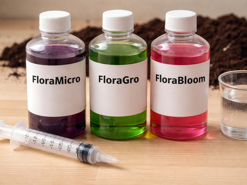Close-up of nutrient bottles, a measuring syringe, and water beside potting soil for soil feeding.