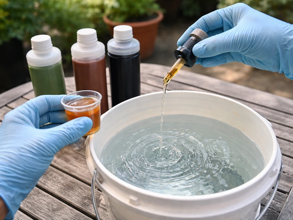 Gloved hands measuring plant nutrient liquid into a bucket of water for soil mixing.