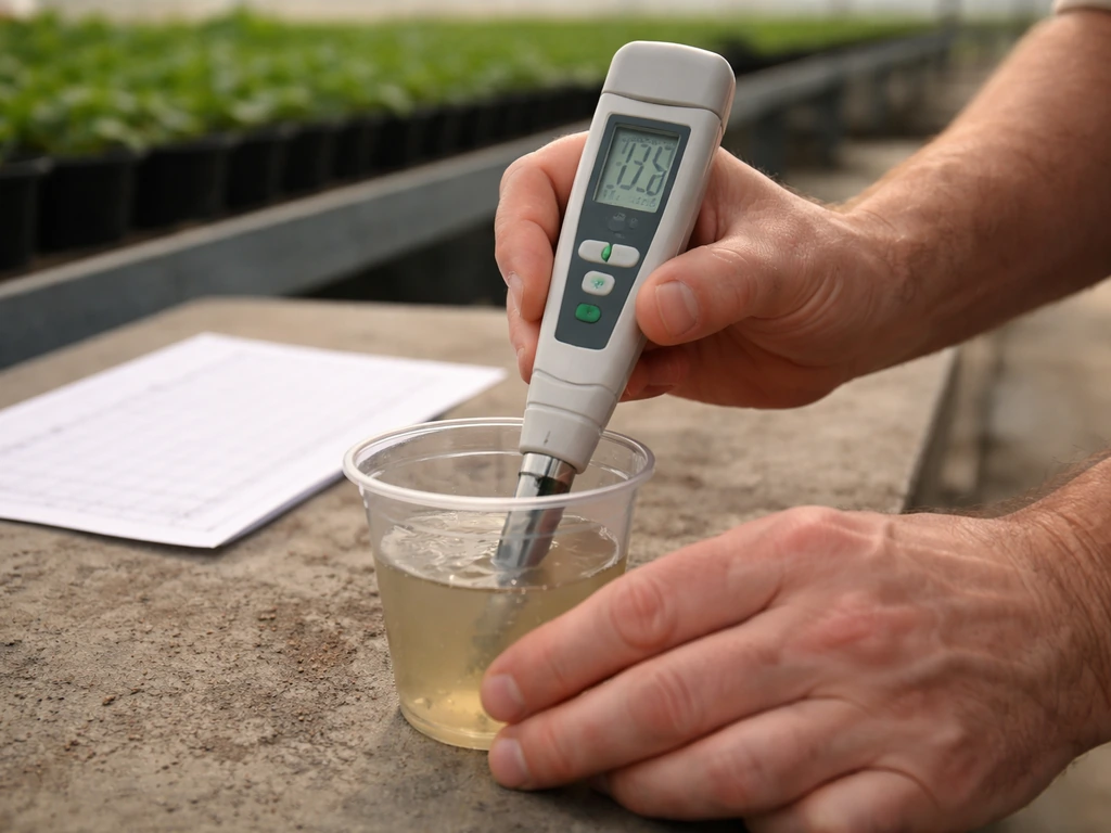 Hands testing soil runoff pH/EC in a clear cup with a pH/EC meter and a blank log sheet behind.