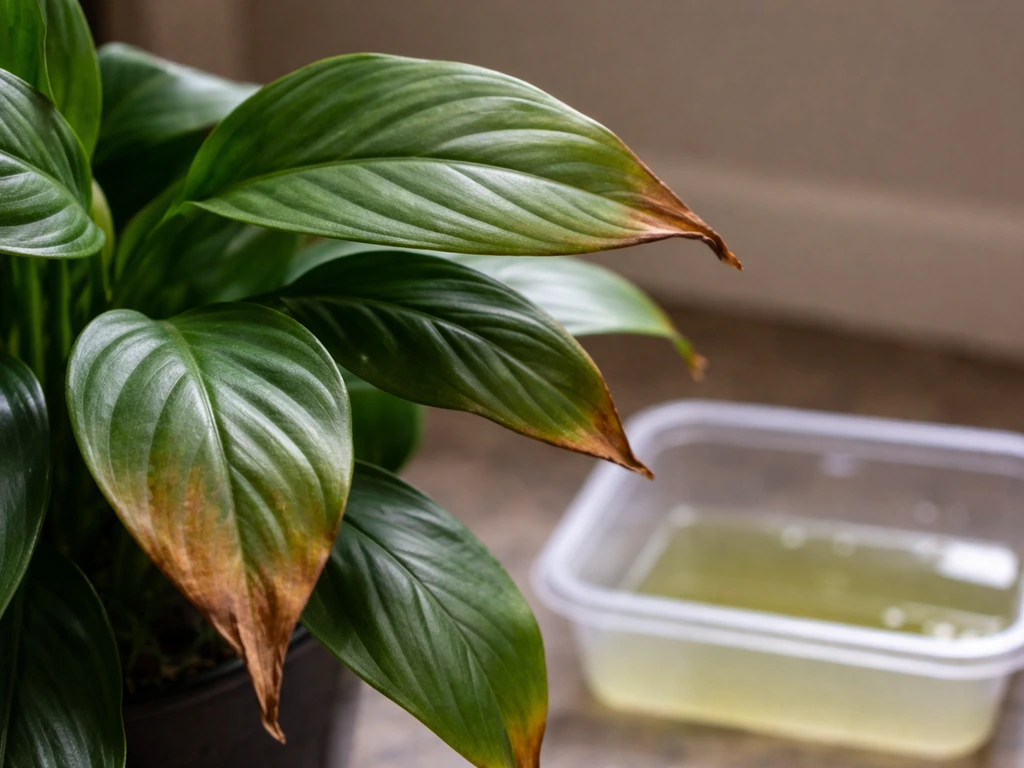Close-up of plant leaf tips with brown curling nutrient burn next to a tray of clear diluted solution.