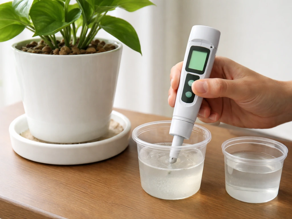 Gardener measuring higher EC in runoff from a plant pot using a conductivity meter and cup.