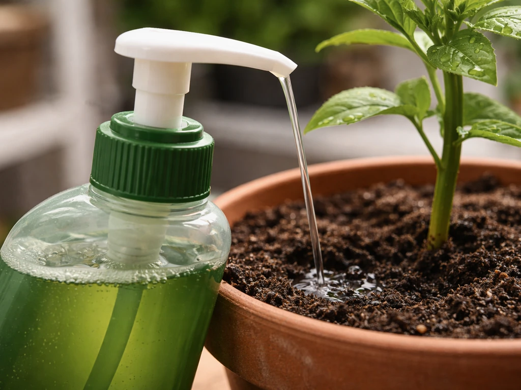 Close-up of a nutrient bottle pump-top dispensing liquid into a plant pot in soil