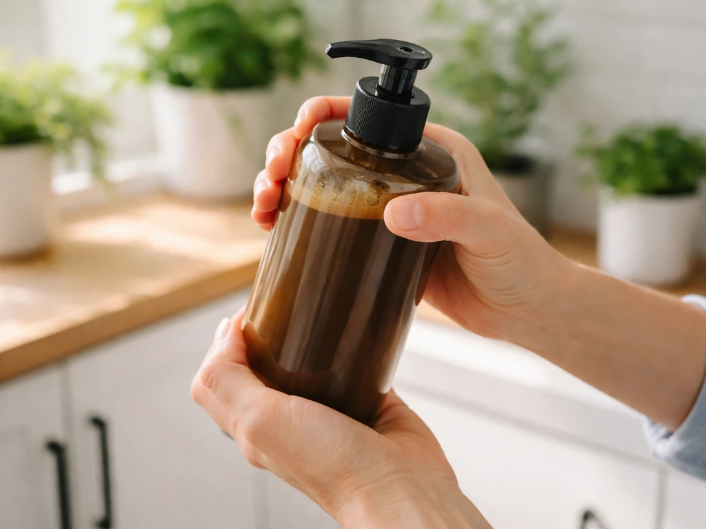 Close-up of hands shaking a plant nutrient pump bottle with the pump top visible before dosing.