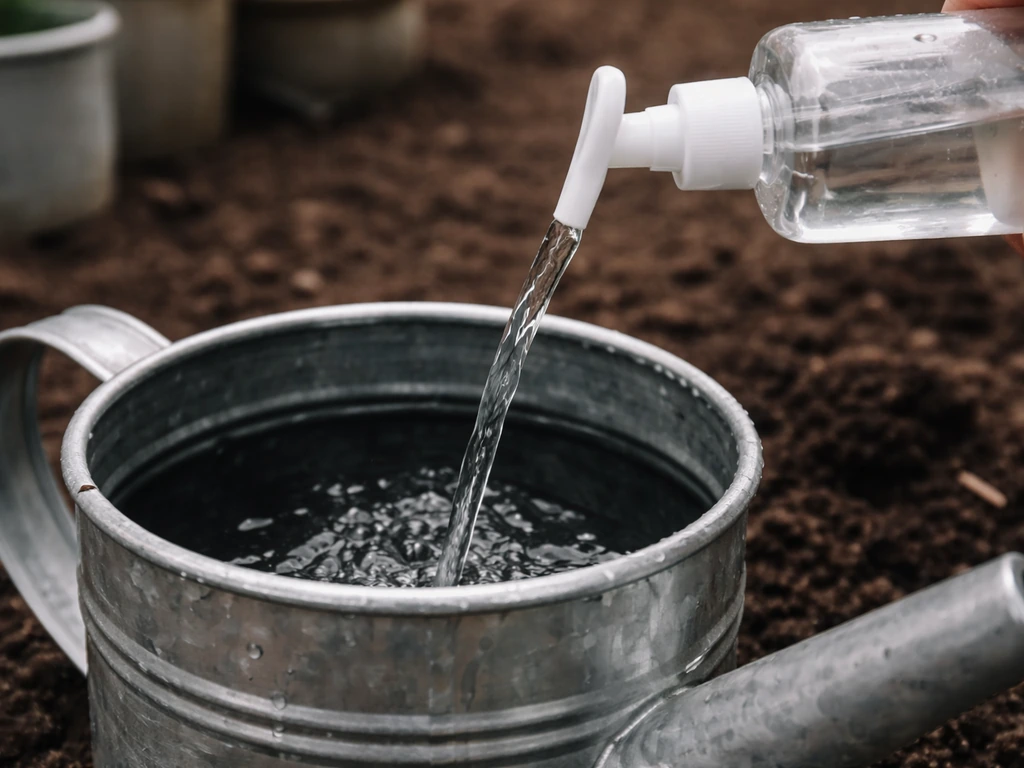 Clear liquid from a pump bottle being dispensed into a metal watering can over soil outdoors.