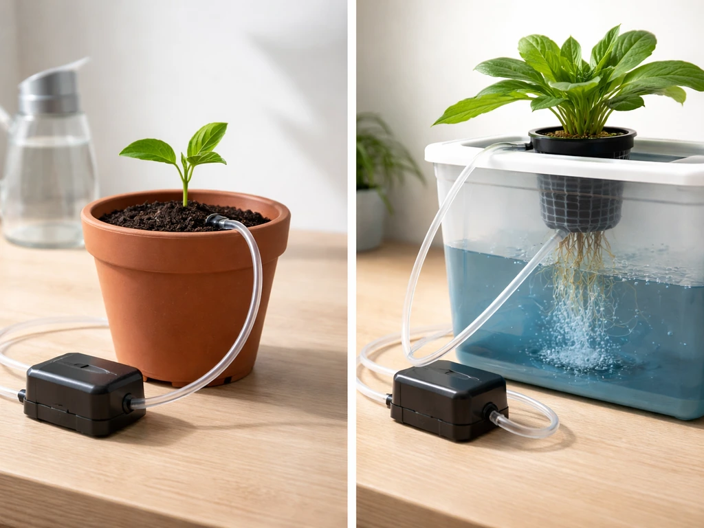 Left: soil pot with watering can; right: hydroponic grow system with air stone and nutrient tank—showing Pump and Grow u
