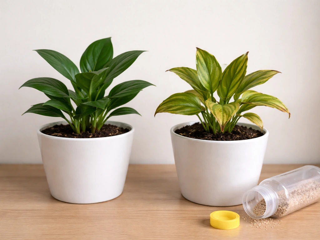 A healthy plant beside an overfed plant with slight leaf yellowing, plus an open fertilizer dosing container on soil.