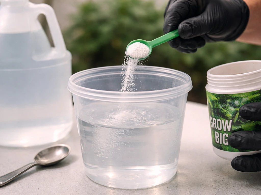 Gloved hands measuring and pouring cannabis nutrient powder into water in a mixing container.