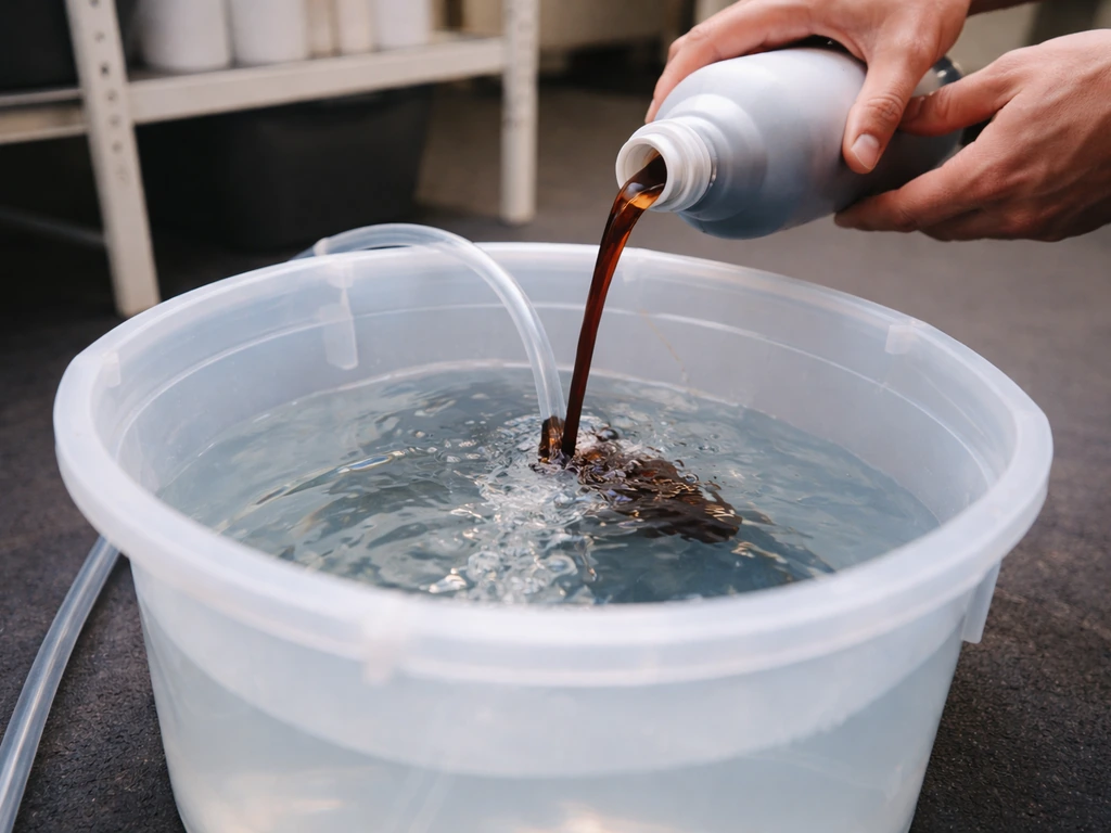 Hands pouring hydroponic concentrate into a clear reservoir while topping up water.