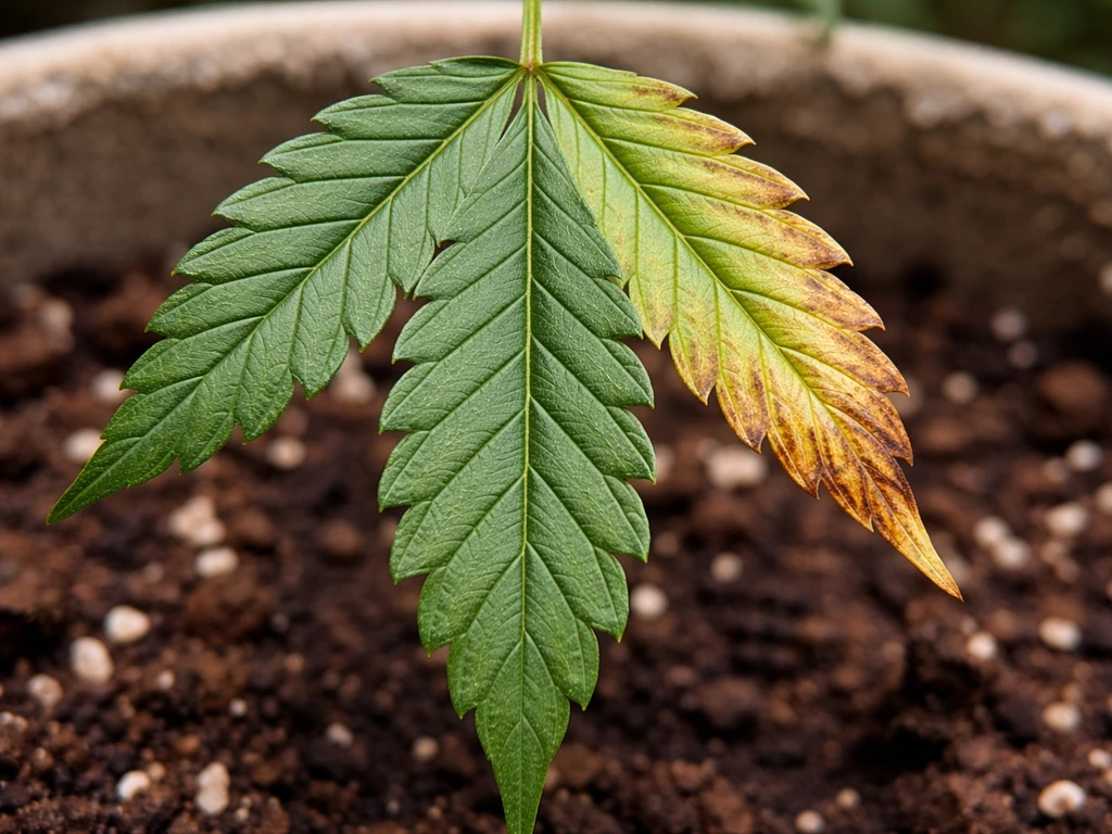 Close-up macro of cannabis leaf tips showing healthy edges versus nutrient-burn browning and a faint salt crust.