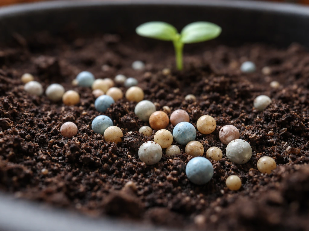 Slow-release fertilizer granules on moist soil in a grow container with a young plant blurred behind.