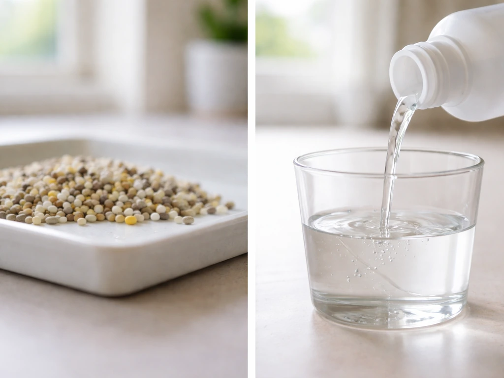 Split scene: slow-release fertilizer granules beside liquid fertilizer pouring into a measuring cup.