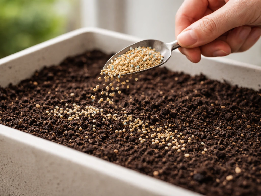 Hand mixing slow-release fertilizer granules into top layer of container soil with a small trowel.