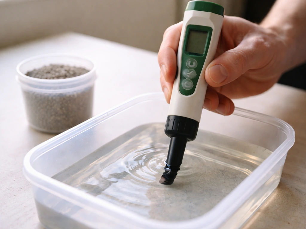 Hand holding a handheld pH/EC meter over runoff; slow-release fertilizer granules nearby on a table.