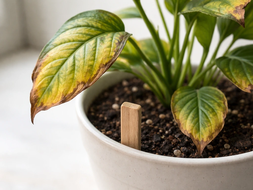 Close-up of stressed plant leaves beside a measuring stake over a pot’s soil, showing root-zone conditions