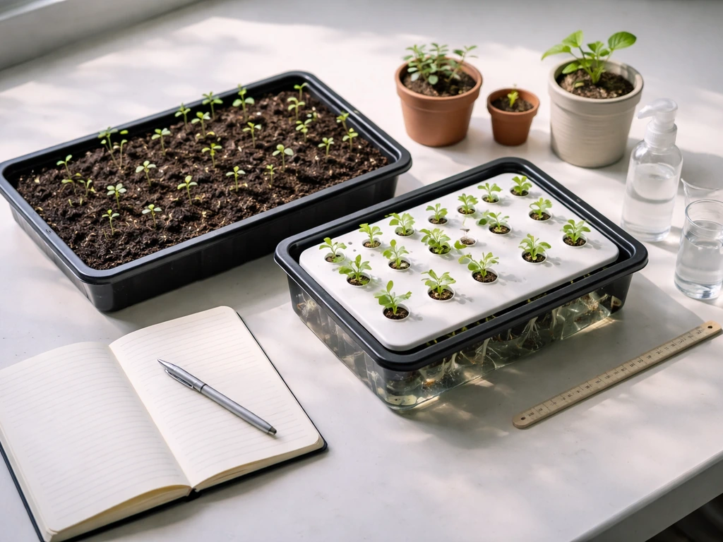 Overhead view of a small indoor grow setup with soil seedlings and a simple hydroponic tray.