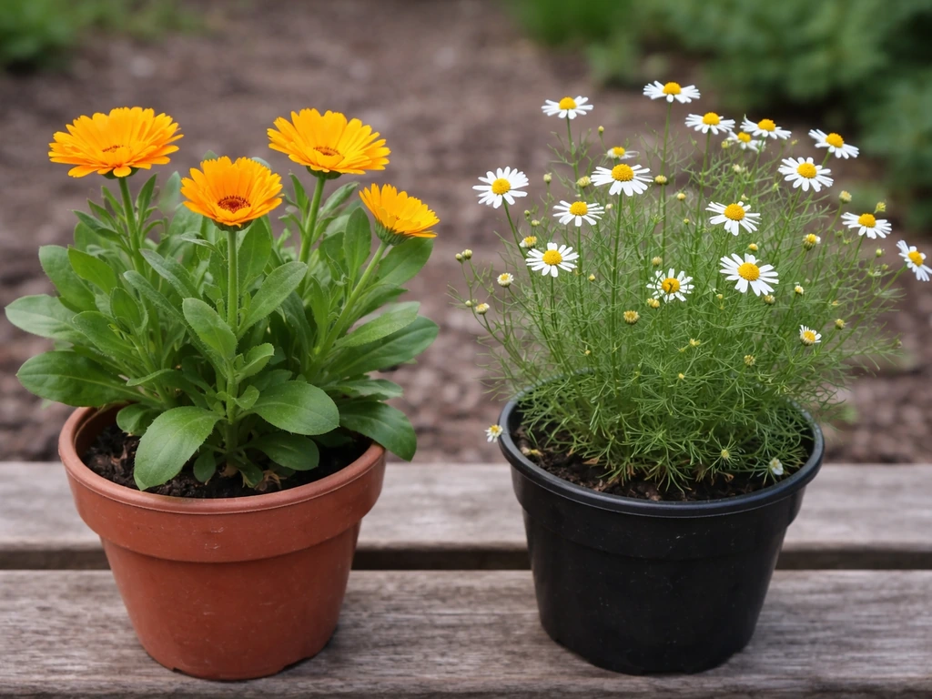 Side-by-side calendula and chamomile plants in pots showing different growth stages in natural light.