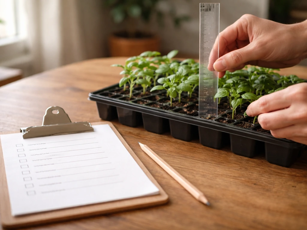 Hands measuring seedling height next to a clipboard and ruler beside a small herb seed tray.