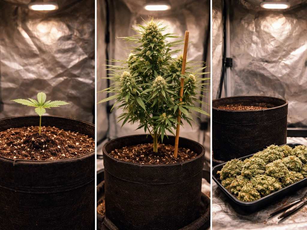 Indoor grow tent collage showing an autoflower from seedling to harvest in one image.