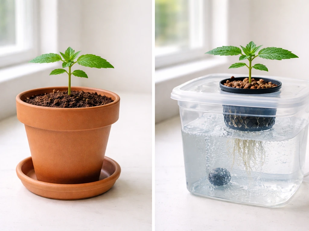 Side-by-side photo of a soil pot setup and a DWC hydroponic reservoir setup with seedlings.