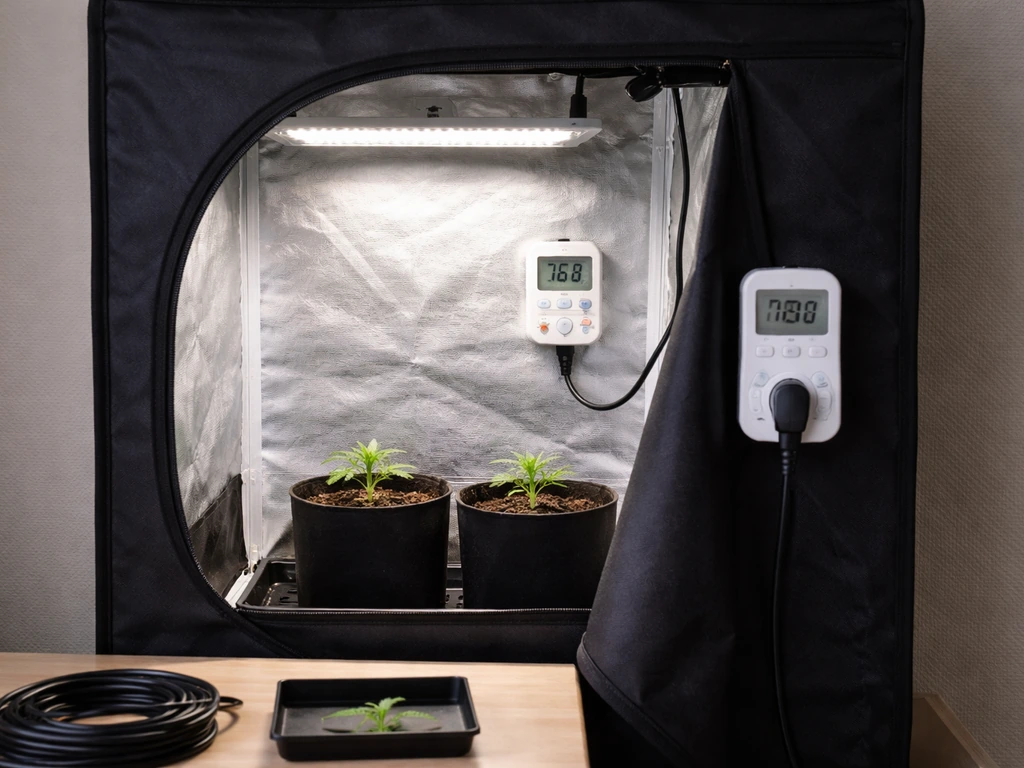 Minimal autoflower grow setup with a small tent, visible thermometer/hygrometer, and a simple lighting timer device.