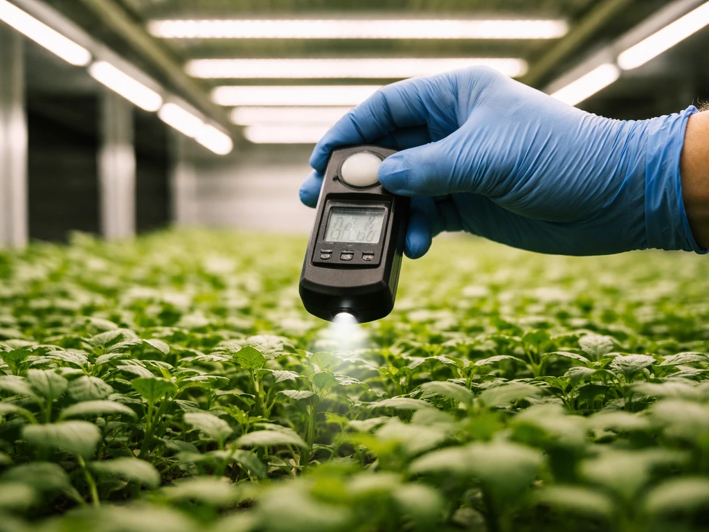 Close-up PPFD light meter held over an LED grow canopy during seedling stage lighting measurement