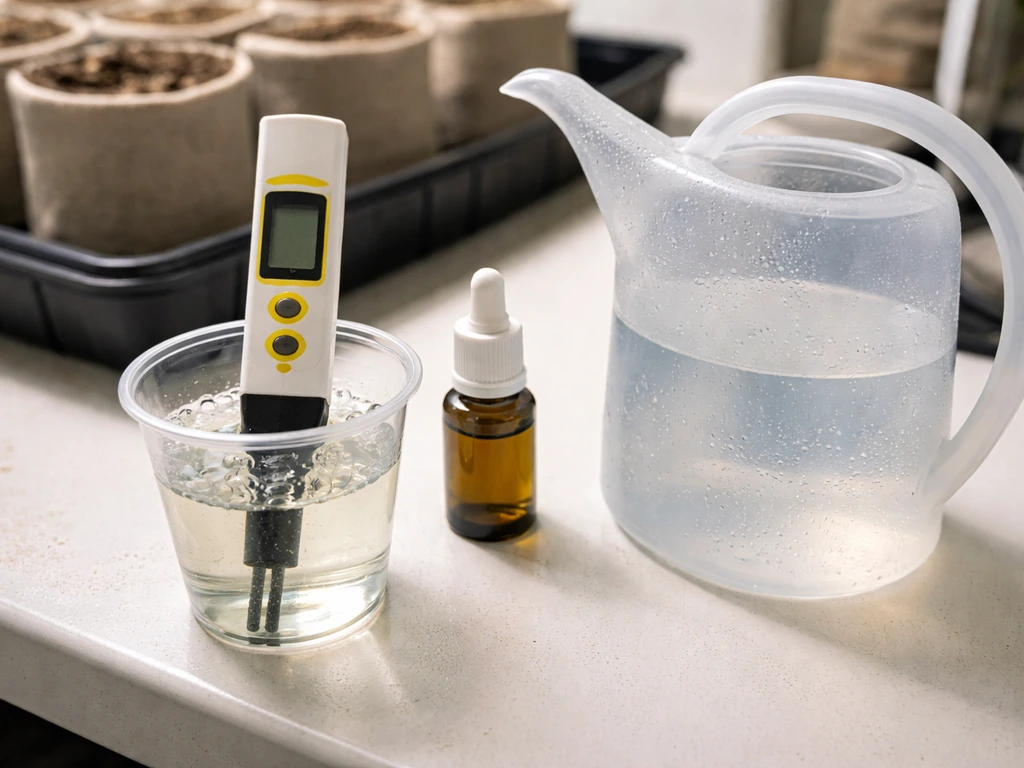 EC meter probe in nutrient solution beside pH test drops and a graduated watering can in a grow room.