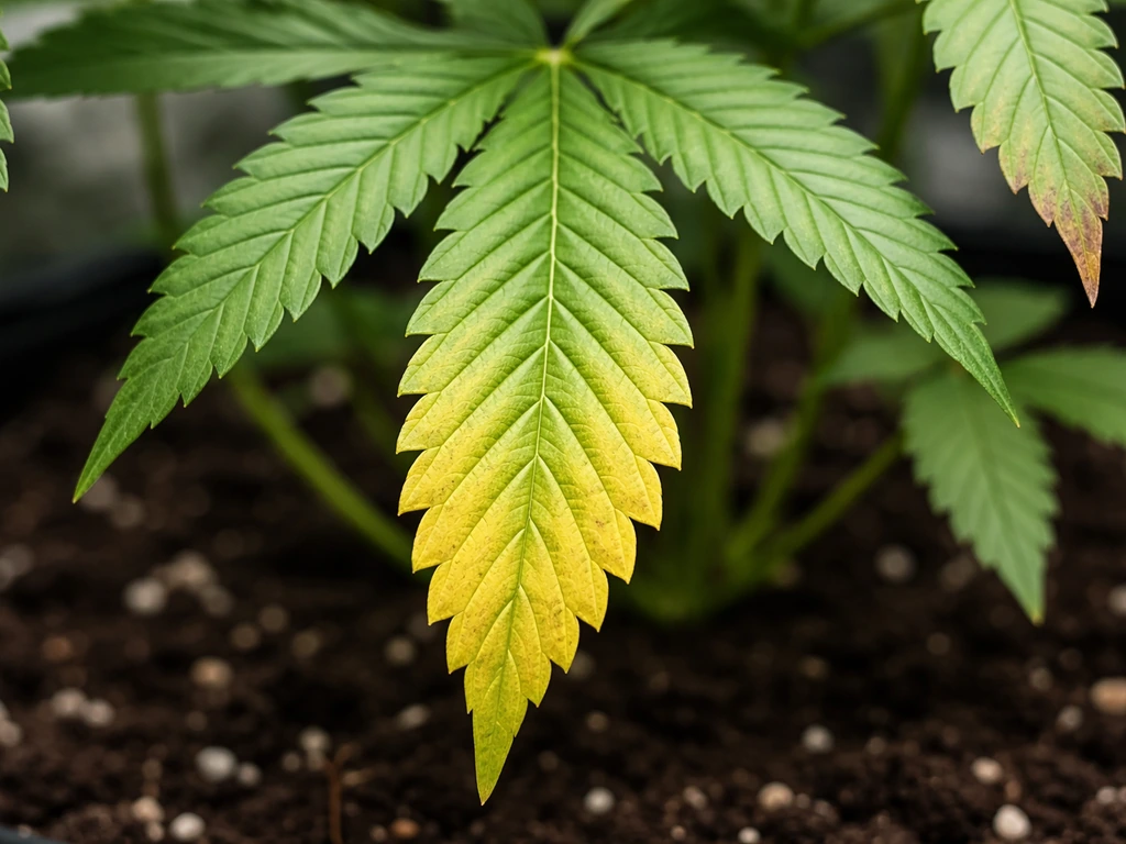 Close-up of cannabis leaves showing bottom-up yellowing and slight tip burn in a grow tent.