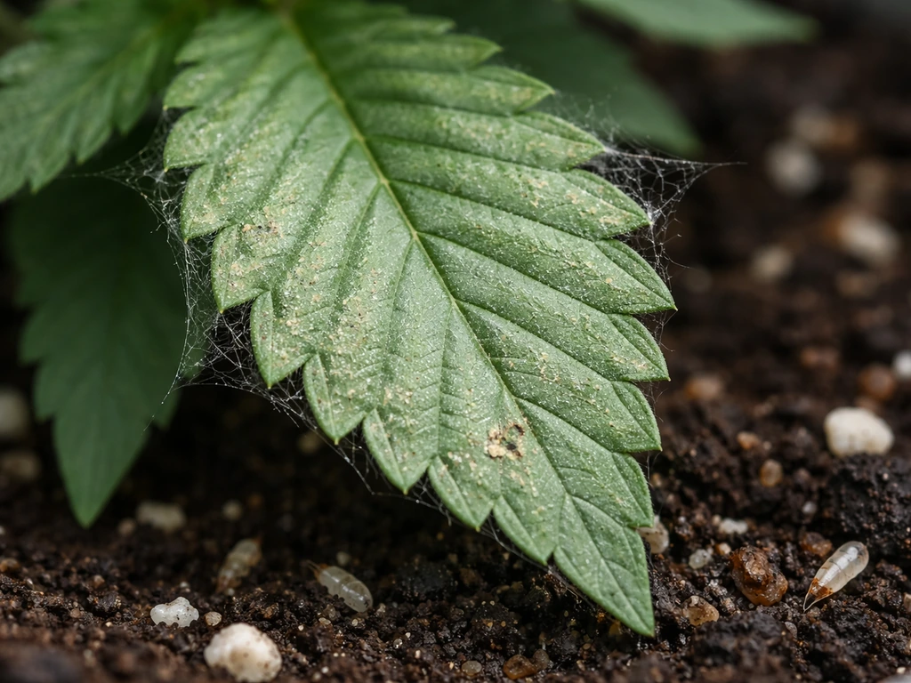 Macro of an autoflower leaf with stippling and spots plus pale larvae in the top soil layer.