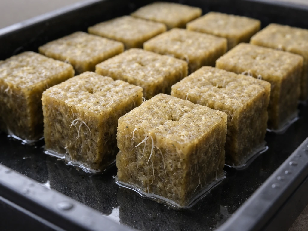 Close-up of wet rockwool propagation cubes in a hydroponic tray, showing fibers and anchoring roots