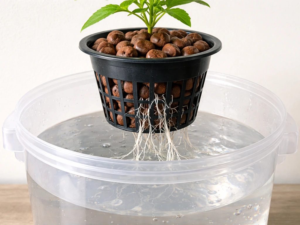 Net pot with freshly rinsed LECA and visible roots draining into a clear reservoir bucket.